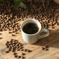 A steaming cup of freshly brewed coffee on a rustic wooden table, surrounded by coffee beans and soft morning light.