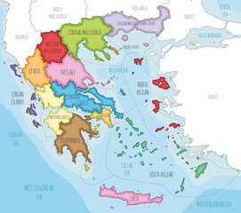 Vector illustrated map of Greece with regions and administrative divisions, and neighbouring countries and territories. Editable and clearly labeled layers.