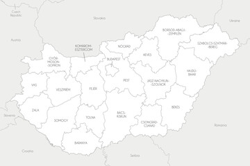 Vector regional map of Hungary with counties and administrative divisions, and neighbouring countries and territories. Editable and clearly labeled layers.