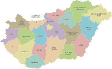 Vector regional map of Hungary with counties or territories and administrative divisions. Editable and clearly labeled layers.