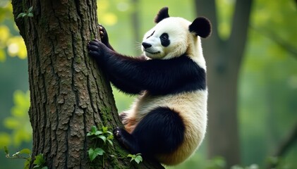 Obraz premium Giant panda ascends tree trunk, black and white fur visible , wildlife photography, China