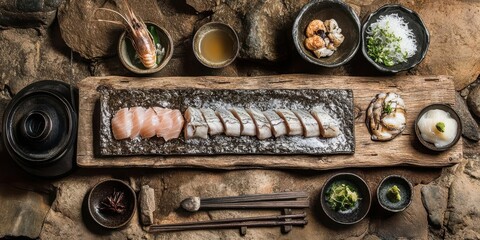 Exquisite sushi platter beautifully arranged on rustic stone background with fresh ingredients