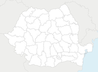 Vector regional blank map of Romania with counties and administrative divisions, and neighbouring countries and territories. Editable and clearly labeled layers.
