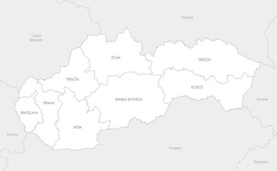Vector map of Slovakia or Slovak Republic with regions and administrative divisions, and neighbouring countries and territories. Editable and clearly labeled layers.