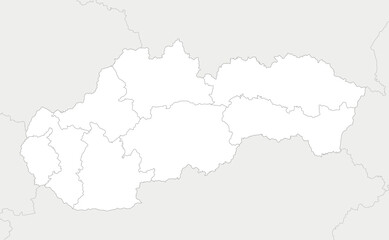 Vector blank map of Slovakia or Slovak Republic with regions and administrative divisions, and neighbouring countries and territories. Editable and clearly labeled layers.