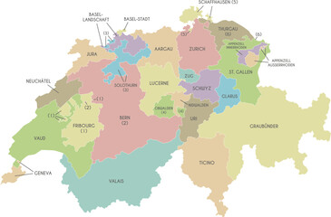 Obraz premium Vector regional map of Switzerland with cantons or territories and administrative divisions. Editable and clearly labeled layers.
