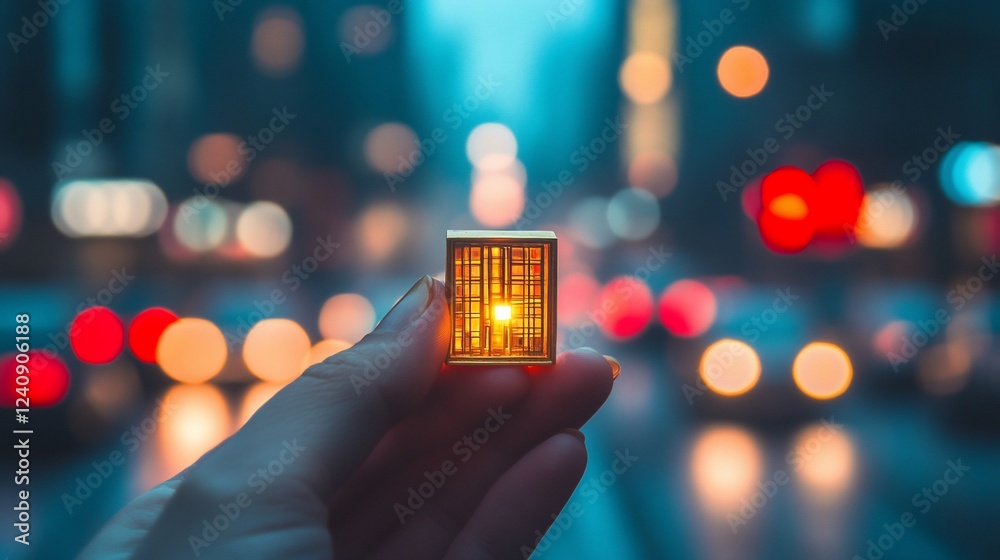 Wall mural City night, hand holding glowing cube, blurred lights, hope