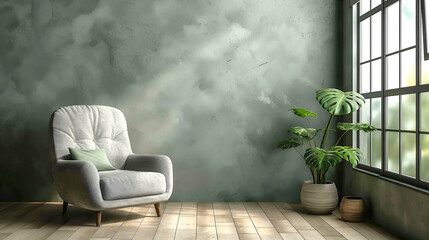 Cozy Room Interior Green Wall, Armchair with Plant Pot, Wooden Floor, Sunlit Home Decor.