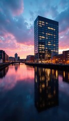 Water reflections of the Quay building at dusk, quay building, dusk sky, glasgow skyline