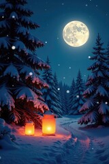 Fototapeta premium Luminous Full Moon casts eerie glow on snow covered pine trees with glowing orange lanterns, lanterns, autumn night