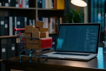Cart with Cardboard Boxes Beside Laptop in Modern Office Setting for E-commerce Business