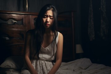 Obraz premium Young woman experiencing sadness and depression while sitting on her bed in a dark bedroom