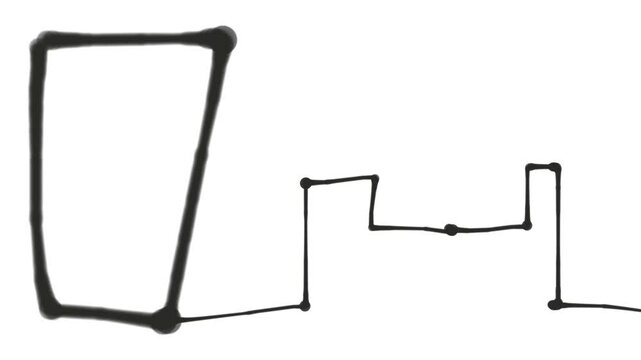 A thin, knotty line with straight bends extends from the corner of the thick frame. The object as a whole moves and twists.