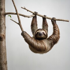 A sloth hanging lazily from an invisible branch, pure white background.