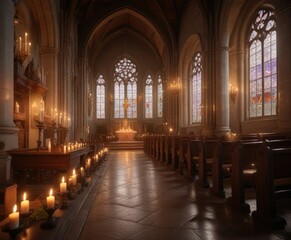 Warmly lit church with soft candlelight ambiance, warm glow, festive decorations