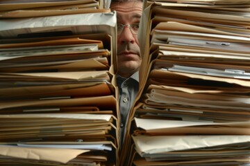 Businessman overwhelmed by paperwork is looking through a gap in a huge stack of files