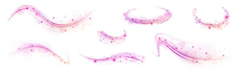 Creative vector illustration of flying cosmic meteor, planetoid, comet, fireball isolated on transparent background. Effect, png, wave,neon,line. Light arc in neon colors, in the form of a turn.