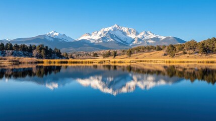 Snow-capped mountains reflecting in pristine lake under clear blue sky