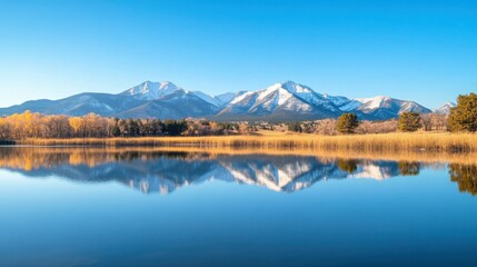 Naklejka premium Serene lake reflection of snow-capped mountains under clear blue sky
