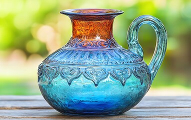 Blue glass pitcher, outdoor, garden background, home decor
