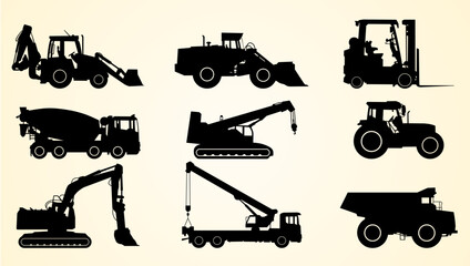 Construction vehicles lined up, depicted as black silhouettes on a light background.