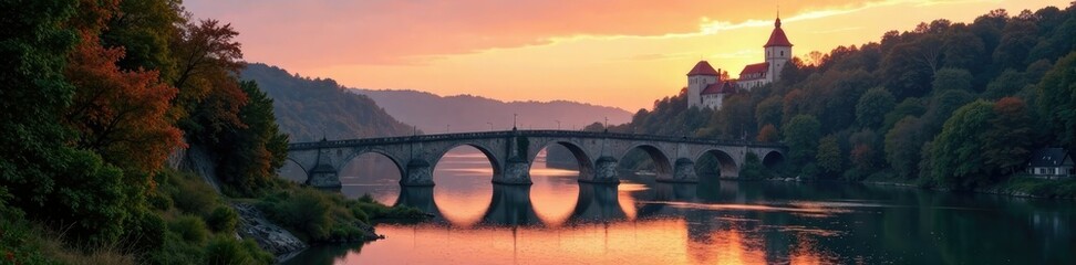 Fototapeta premium Vltava River with stone bridges at early dawn, dawn, river, bridge