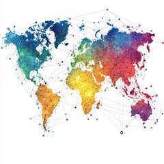 Fototapeta premium Vibrant Colorful World Map with Geometric Connections and Nodes Illustrating Global Networks and Interactions