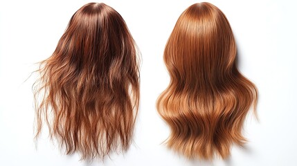 Fototapeta premium Hair care Two beautiful wigs in rich auburn tones.