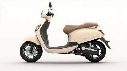 Obraz premium The beige scooter with an ergonomic seat against a minimalistic pastel background.