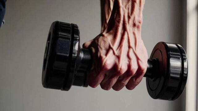 Muscular veiny hands gripping black dumbbell, demonstrating intense athletic strength and fitness determination during hardcore workout session