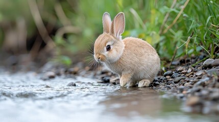 Fototapeta premium Young rabbit drinking by stream, green background, nature scene