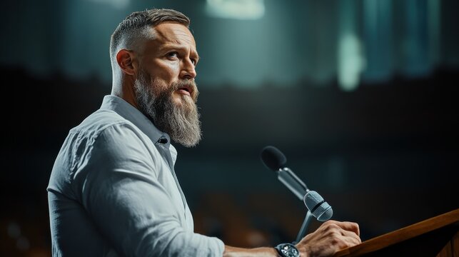 A motivational speaker discussing liberty and freedom at a seminarphotorealistic portrait - Powered by Adobe