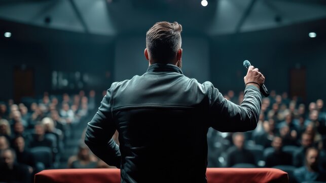 A motivational speaker discussing liberty and freedom at a seminarphotorealistic portrait - Powered by Adobe