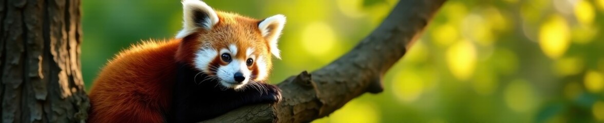 Obraz premium Red panda resting in tree, sunlight dappling fur, picture, sunlight