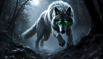 Majestic White Wolf Glowing Eyes Dark Forest Night Art