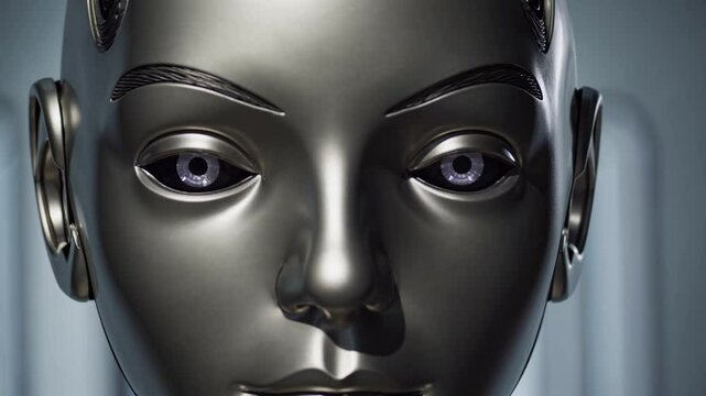 Metallic humanoid android powering on, blue luminescent eyes glowing with artificial intelligence, emerging from white backdrop
