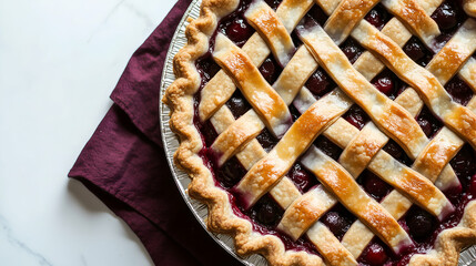 Sweet cherry pie on white table
