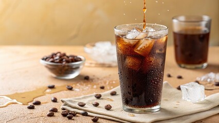 Cold Sparkling Beverage with Ice Cubes and Coffee Beans on a Rustic Table with Natural Light