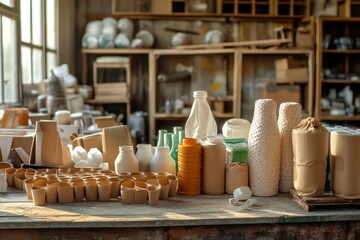 Naklejka premium A detailed illustration of eco-friendly materials replacing plastic in packaging, showcasing sustainable alternatives like cardboard, paper, bamboo, and biodegradable plastics Discover innovative