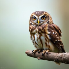 Obraz premium Eurasian pygmy owl resting on a weathered branch, alert , cute, bokeh, background
