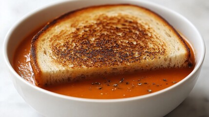Grilled cheese sandwich on a white plate served with tomato soup, highlighting comfort food and classic flavors.
