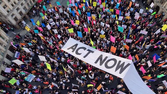Activists gathering in city square, demanding urgent climate action with colorful signs and large banner