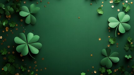 Naklejka premium Festive St. Patrick's Day Background with Green Four-Leaf Clovers and Gold Coins on a Dark Green Surface Ideal for Celebrations and Greetings