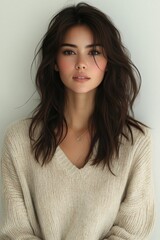 Fototapeta premium Serene Beauty Portrait, Wavy Brunette Hair, Knitwear, Generated AI