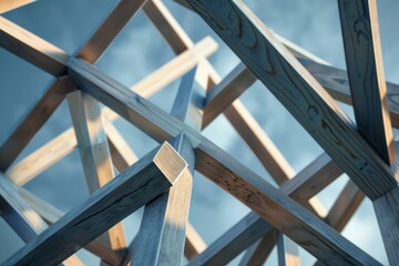 Interconnected wooden beams create a complex geometric structure against a backdrop of a cloudy sky