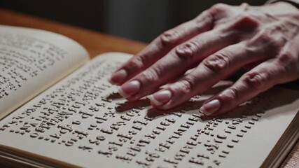 Elderly woman reading braille text, running fingers across book page, showcasing tactile literacy and sensory communication for visually impaired individuals - Powered by Adobe