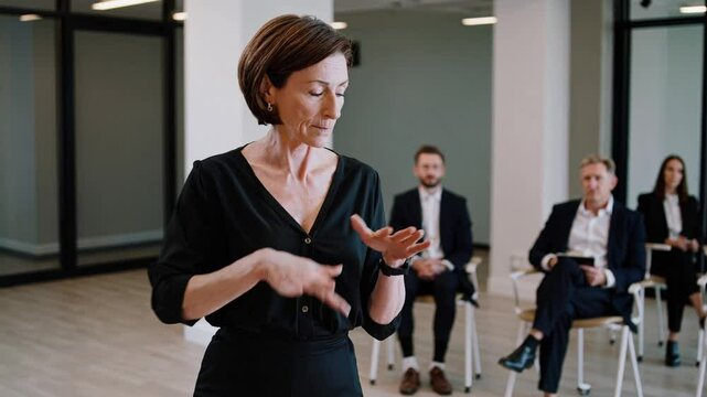 Female interpreter captivating audience with hand gestures during a professional presentation in modern office