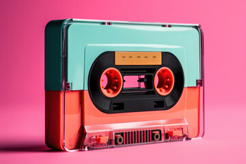 Obraz premium Retro audio cassette tape with neon vibrant colors against pink background. 80s and 90s music and design. 