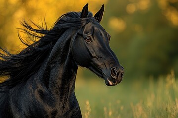 Obraz premium Majestic Black Stallion Portrait Golden Hour Setting