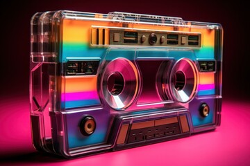 Fototapeta premium Retro audio cassette tape with neon vibrant colors against black background. 80s and 90s music and design. 